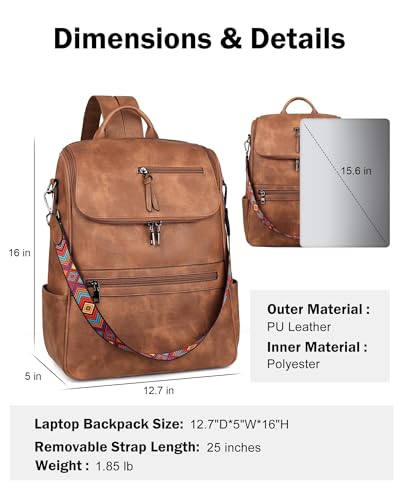FADEON Laptop Backpack for Women Leather Travel Backpack with Laptop Compartment, Designer Ladies Computer Backpacks Brown - color: 1 Brown Retro Style