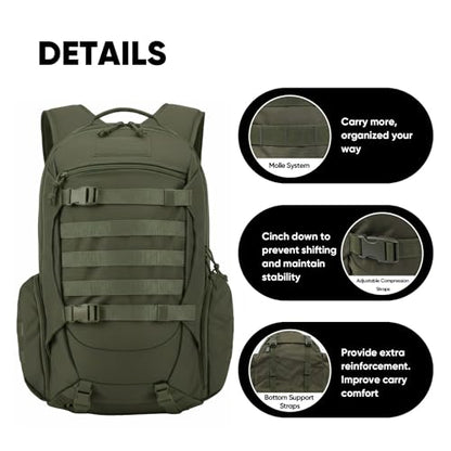 35L Tactical Backpack for Men, MOLLE Military Bug Out Bag, Waterproof Rucksack for Hiking with Hydration Port Army Green - color: Army Green
