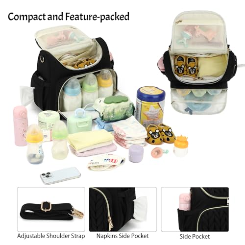 Small Diaper Bag Backpack Quilted Mini Baby Crossbody Diaper Bag Tote for Mom and Baby Girls Boys (Black) - color: Black