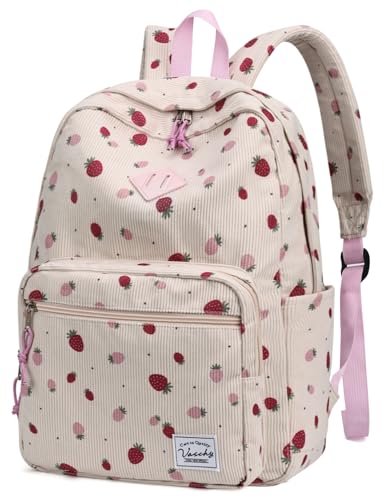 VASCHY Corduroy Backpack for Girls, Lightweight School Bag for Elementary, Middle & High School, Teen Bookbag, Women’s Casual Travel Daypack Strawberry - color: Cute Strawberry