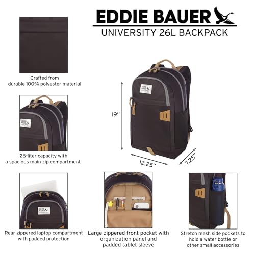Eddie Bauer University Backpack 26L | Everyday Carry | Work | Travel | Commuter | Padded Laptop Sleeve | Stretch Bottle Pockets | Lightweight | Durable - Adler Green - color: University - Adler Green, size: 26L