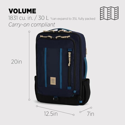 Topo Designs Global Travel Bag – 30L or 40L - Carry-On Compliant Most Airlines, Durable Travel Duffel Bag, Clam Shell Main Pocket, Laptop Sleeve, Backpack, Luggage (30L / Navy/Sahara) - color: Navy/Sahara, size: 30L