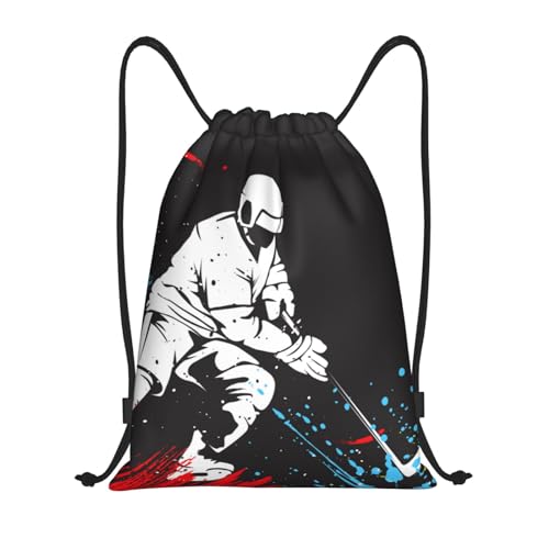 Sports-Themed Drawstring Bags with Printing a Playing Hockey Man Pattern, Kids Adults Drawstring Backpack Casual Knapsack Unisex, Black Shoulders Rucksack Bags for Gym Travel Swimming Yoga, Medium - color: Black - Hockey Man, size: M - 16.5"x19.6"