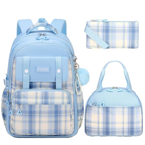 MUSEVOS Girls Backpack with Lunch Bag, Kindergarten Elementary Middle School Backpack, Large Capacity Kids Bookbag 3 Pcs Set (blue) - color: A-blue-3pcs Set