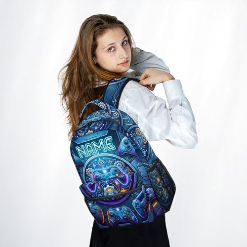 Personalized Backpack for Boys Gaming School Bag for Kids Teens Gamer - 17 Inch Large Capacity Custom Name Bookbag with Video Game for Elementary Middle School - color: Blue