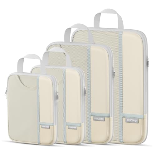 Percover Compression Packing Cubes for Travel, 4-Piece Structured Compression Organizer Set with Label Pockets for Carry-On & Checked Luggage, Beige - color: Beige, size: 4 Set