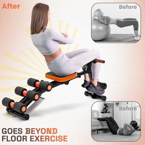 Multi-Function Ab Workout Bench with Resistance Bands and Preacher Curl Pad, Adjustable Ab Crunch Machine, Foldable Sit-Up Bench for Home Gym Strength Training and Leg Extension