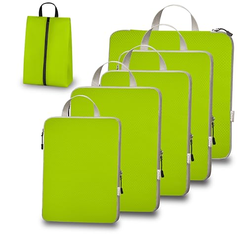 6 Set Compression Packing Cubes for Travel Expandable Packing Organizer Bag | Water-Resistant Suitcase Bags with Shoe Bag, Ultralight Storage Travel Bags for Carry-on Luggage, S M L XL Sizes, Green - color: Green, size: Set of 6