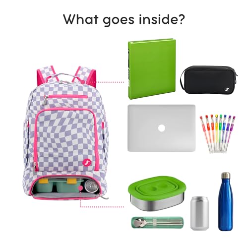 J World New York 2-in-1 Insulated Backpack Lunch Box for Kids. Adult School Bookbag, Lavender Checkers, 17 x 13 x 9 Inches - color: Lavender Checkers