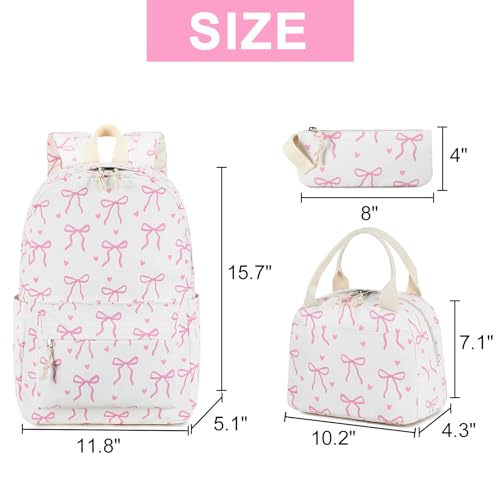 LOIDOU Backpack for Teen Girls Bookbags School Backpack with Lunch Box and Pencil Case 3 in 1 School Bags Set - color: Pink Bow Tie 18