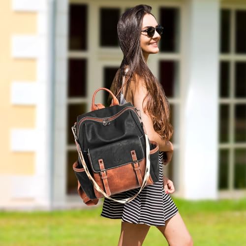 AGLOD Backpack Purse for Women PU Leather Back Packs Designer Ladies Shoulder Bag Fashion Faux Work Travel Handbags - color: Black-brown