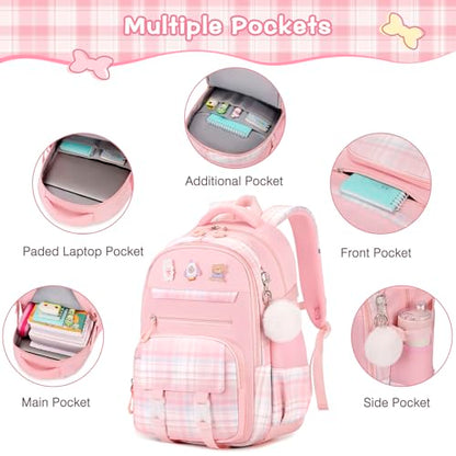3PCS School Backpack for Girls, Girls Backpack with Lunch Box, Pencil Case, Cute Kawaii Plaid Book Bag for Teen Girl Kindergarten Elementary Preschool Middle High School, Pink - color: Pink