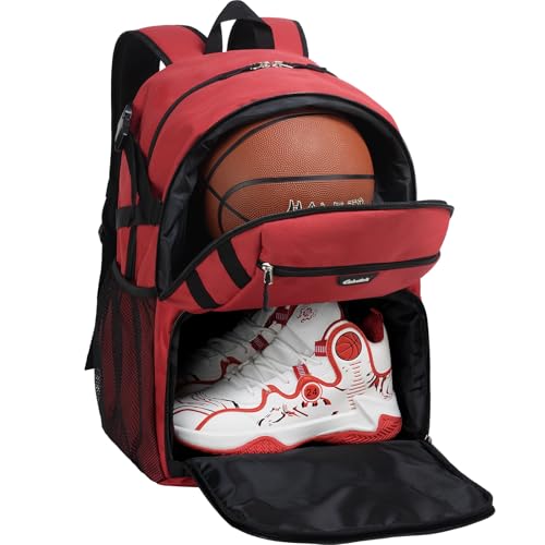 Basketball Backpack with Shoe Compartment Large Basketball Bag with Ball Holder for Men Women Gym Backpack fit Volleyball Football for Sports Travel Gym - Red - color: Red