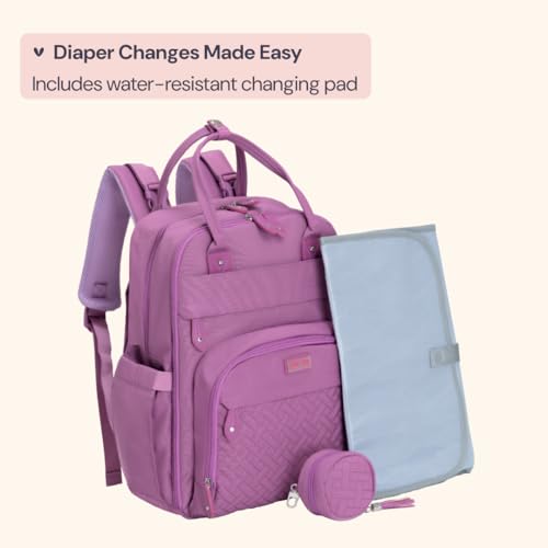 BabbleRoo Diaper Bag Backpack - Baby Essentials Travel Tote - Multi Function Water Resistant Diaper Bag, Travel Essentials Baby Bag with Changing Pad, Stroller Straps & Pacifier Case - Unisex, Purple - color: Purple, size: Large