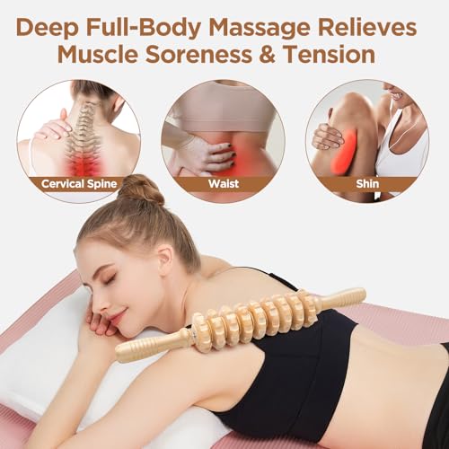 Wooden Cellulite Massage Roller for Legs and Thighs - Handheld Fascia Blaster Tool for Muscle Relief, Lymphatic Drainage & Body Sculpting - Anti Cellulite Massager for Women and Men (9 Wheel) - color: Wooden Straight