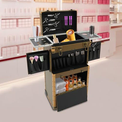 Cosmetic Train Case,Rolling Makeup Train Case,Travel Stylist Case Lockable Hairdressing Trolley,Professional Makeup Case for Make-up Artists - color: Gold