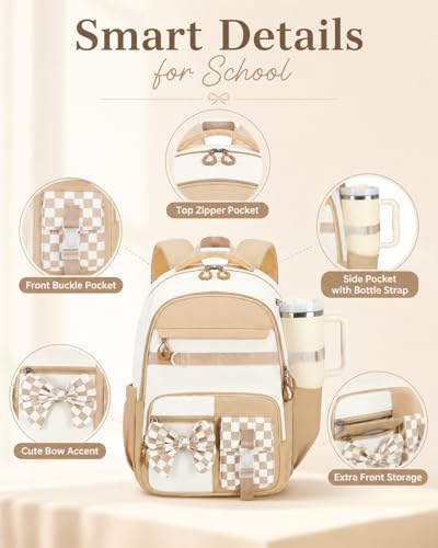 CAMTOP Girls Backpack with Lunch Box & Pencil Case Set, School Backpack for Girls with Large Water Bottle Holder Straps, Waterproof Kids Backpack, Cute Bookbag for Elementary School & Travel - color: Beige Brown
