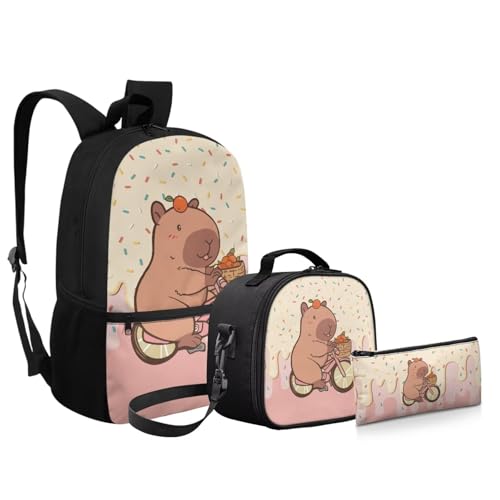 3Pcs Kid Backpack Set Backpack with Lunch Bag Pencil Case 3 Pack Set Elementary School Bag Bookbag 17 Inch Daypack Cute Capybara Bookbag - color: Cartoon Print