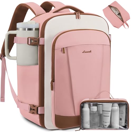 LOVEVOOK 40L Travel Backpack for Women & Men, Airline Approved Carry On Backpack, TSA Personal Item Bag fits 17.3 Inch Laptop, Waterproof Weekender Overnight Bags Suitcase for Work, Pink-Beige-Brown - color: Pink-beige-brown, size: 40L-17.3Inch-3Pcs