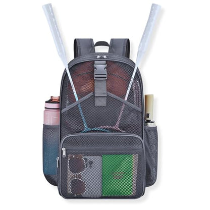 Metaverse Mesh Sports Backpack 20 Inch with Racket Holder for Men Women, Large Travel Gym Beach Backpack with Water Bottle Pockets - color: Grey