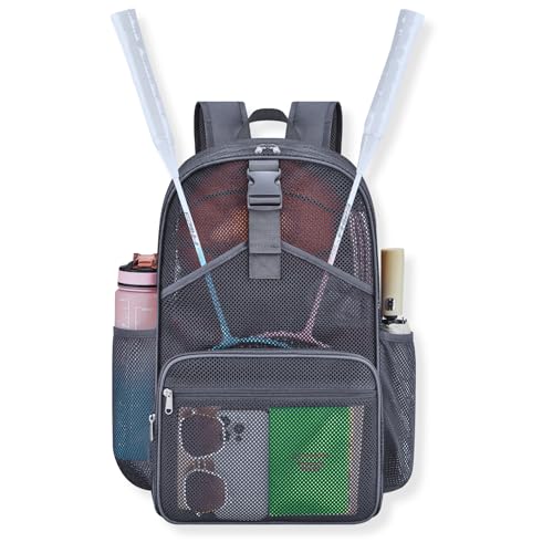 Metaverse Mesh Sports Backpack 20 Inch with Racket Holder for Men Women, Large Travel Gym Beach Backpack with Water Bottle Pockets - color: Grey