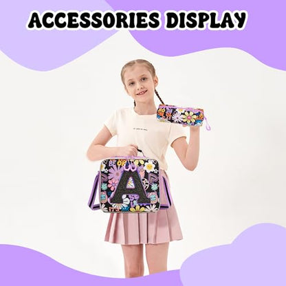 Meetbelify 3 in 1 Backpack with Wheels for Girls Rolling Letter Backpack Cute Carry on Backpack Kids Luggage with Lunch Box Pencil Case for Elementary Student - color: Flower