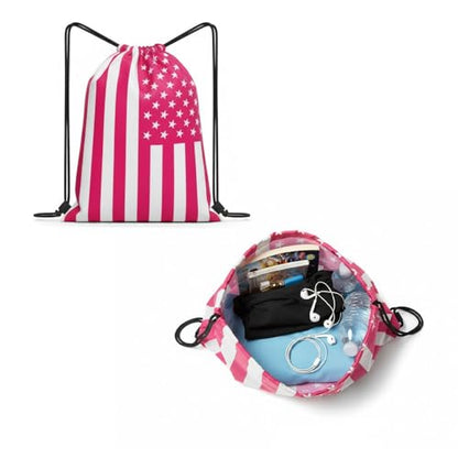 Pink American Flag Drawstring Backpack, Lightweight Cinch String Sports Sackpack for Men & Women,pack of 2 - color: Americanflag-pink