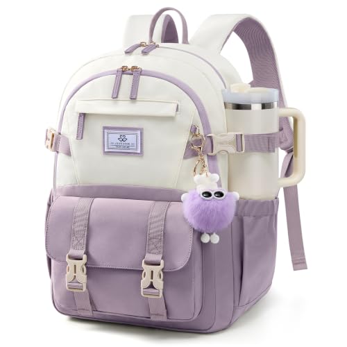 LOVEVOOK School Backpack for Teen Girls, Bookbag for 8-16 Student, Middle High College Back to School Cute Kids Backpack, 15.6 Inch, Purple-beige - color: Purple-beige, size: 15.6 Inch