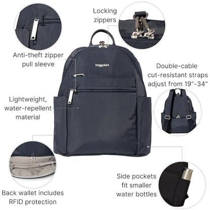 Baggallini Securtex® Anti-theft Vacation Travel Backpack 10x13 Slash-Resistant Nylon Daypack w/RFID, French Navy - color: French Navy