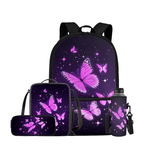 Aesthetic Butterfly Backpack for Girls Kids Backpack with Lunch Box Water Bottle Carrier with Strap and Big Pencil Case 4PCS Set Bookbag with Front Pocket for School 17" Lightweight School Bag - color: Aesthetic Purple Butterfly