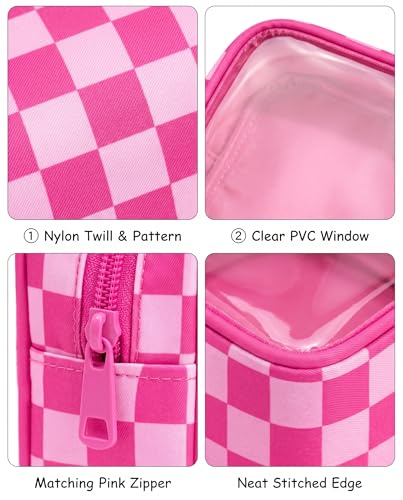 Clear Checkered Makeup Bag, Small Cosmetic Pouch with Zipper Mini Waterproof Makeup Purse Organizer Cute Cosmetic Bag Travel TSA Approved Toiletry Bag Car Organizer for Women Girls (Rose) - color: Rose