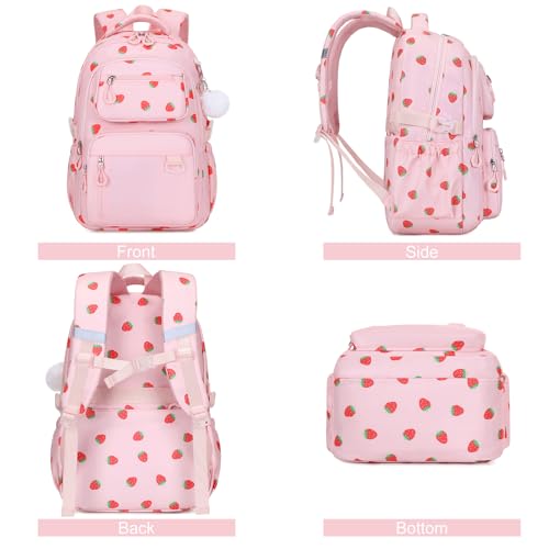 Bevalsa Backpack for Girls 3PCS Teen Girls Pink Backpack for School with Lunch Bag Pencil Case Cute Kids Laptop Backpacks Bookbag for Elementary Middle High School College Student (Strawberry) - color: Pink Strawberry