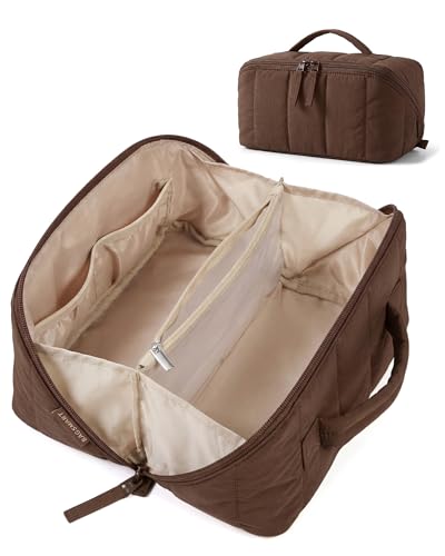BAGSMART Travel Makeup Bag for Women, Portable Water-resistant Cosmetic Case, Puffy Padded Make Up Organizer Pouch, Open Flat Toiletry Bag for Toiletries, Brushes, Coffee - color: 09-Chocolate Brown