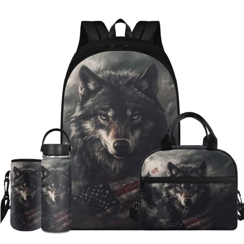 Flashideas American Flag Wolf Backpack for Boys Kids Backpack with Lunch Box 32 oz Water Bottle and Water Bottle Sleeve 4Pcs Set 17" Lightweight Bookbag with Compartments for School Sturdy School Bag - color: American Flag Wolf