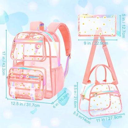 KLFVB Clear Backpack Heavy Duty, 3PCS Girls See Through School Bag Set, Cute Transparent Bookbag for Women - Chrysanthemum Pink - color: Chrysanthemum Pink Clear Backpack