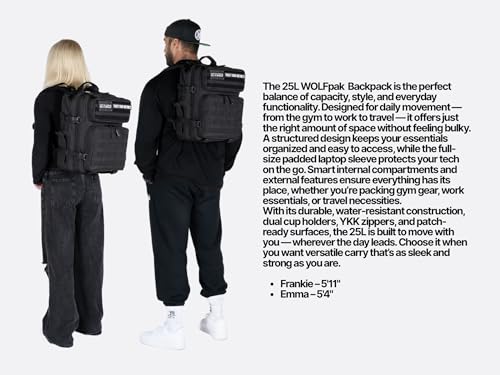 WOLFpak 25L Tactical Gym Backpack (Alpha Black) Durable 1000D Waterproof Oxford Material with MOLLE Webbing, Laptop Pocket & Dual Cup Holders - color: Alpha Black