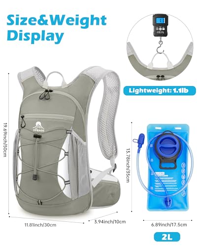 Hydration Backpack with 2L Water Bladder - Lightweight 15L Daypack with Phone-Sized Hip Belt Pockets, Anti-Chafe Cotton Edging & No-Bounce Straps - Small Water Backpack for Hiking, Running, Skiing - color: Light Grey