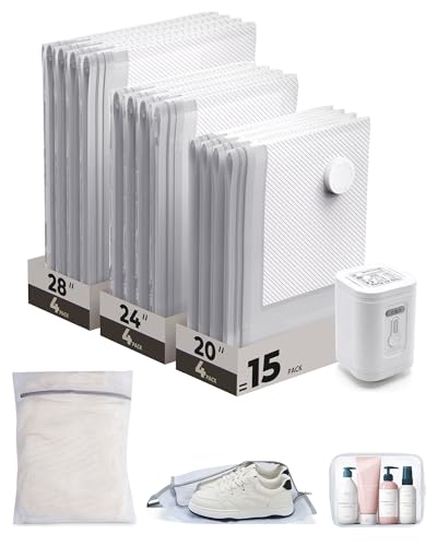BAGSMART Vacuum Seal Storage Bags for Clothing Travel, 15 Pack Travel Essentials Bundle includes Laundry Bag & Waterproof Shoe Bag & TSA Approved Toiletry Bag, Hand Pump Included - color: Gray, size: 15 Combo Travel