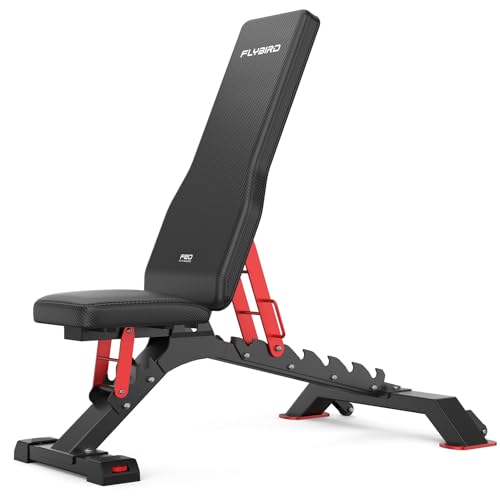 FLYBIRD WB7 Weight Bench, Commercial Grade Adjustable Weight Bench - 1300LBS Workout Bench for Home Gym, Flat Incline Bench Press Heavy Duty Bench with 34'' Extra-Long Backrest and Easy-Roll Wheels