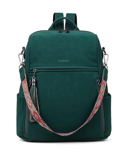 FADEON Leather Backpack Purse for Women Designer Travel Backpack Purses PU Fashion Ladies Shoulder Bag with Tassel - color: 1 Dark Green Nubuck Style