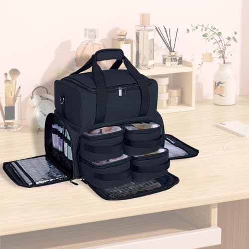 Large Cosmetic Bag with 4 Removable Case and 2 Removable Dividers Double Layer Travel Storage Organizer, Makeup Brushes Storage Section Black - color: Black 22
