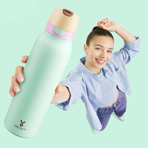 Meoky 24 oz Slim Insulated Water Bottle: Leak Proof Locking Lid, 2-in-1 Straw and Spout, 24 Hours Cold, Top Handle, BPA Free, Stainless Steel Water Bottle for Adults Teens Sports Travel, Lime - color: Lime