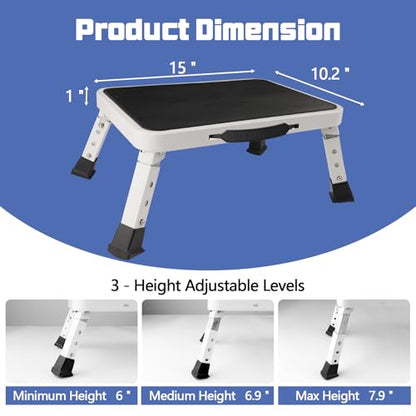 Adjustable Height Foldable Step Stool - 3 Levels Heavy Duty Metal Portable RV Step with Non-Slip Feet, Collapsible Small Foot Stool for Home, Kitchen, Trip, Patio, Picnic, (White) - size: 7.9 In Height