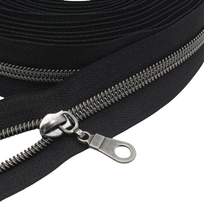 MebuZip #5 Gunmetal Metallic Nylon Coil Zippers by The Yard Bulk Coil Zipper Roll 10 Yards with 25pcs Pulls for DIY Sewing Craft Bags (Black) - color: Gunmetal Black