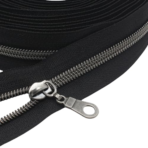 MebuZip #5 Gunmetal Metallic Nylon Coil Zippers by The Yard Bulk Coil Zipper Roll 10 Yards with 25pcs Pulls for DIY Sewing Craft Bags (Black) - color: Gunmetal Black