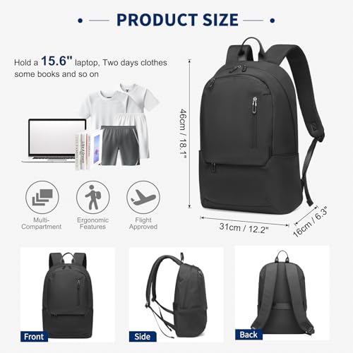 DTGN Travel Laptop Backpack, Carry On Backpack, TSA-Approved Water-Resistant Rucksack Nylon for Work Men Women Fits 16 Inch Notebook, Black - color: Black