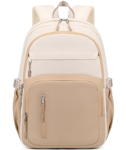 JIANYA Laptop Backpack for College Women Travel Backpack Big Student School Bag, Water Resistant Fits 15.6" Notebook - color: Beige+khaki