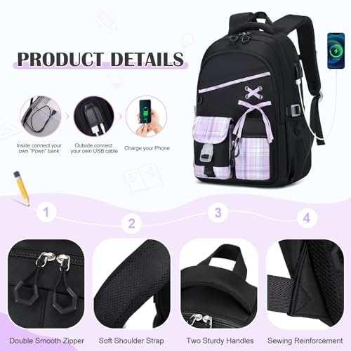DIGOBAY Backpacks for Girls - 3PCS Girls Backpack with Lunch Box & Pencil Pouch Plaid School Backpacks for Elementary Middle High College School Bookbag for Teen Girl Kids Students Blackpurple - color: Blackpurple