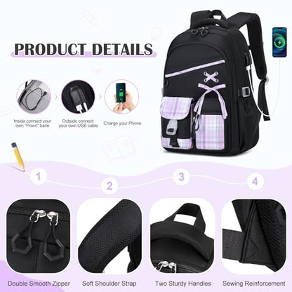 DIGOBAY Backpacks for Girls - 3PCS Girls Backpack with Lunch Box & Pencil Pouch Plaid School Backpacks for Elementary Middle High College School Bookbag for Teen Girl Kids Students Blackpurple - color: Blackpurple