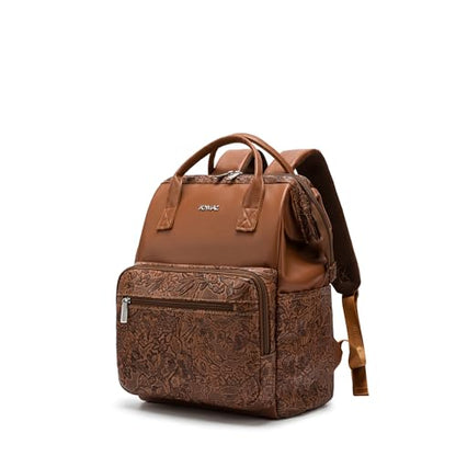Kinmac Wide Open Style Laptop Backpack for Laptop Up to 15.6 Inch Men Women Travel Outdoor Backpack (Coffee Flower PU) - color: Coffee Flower Pu